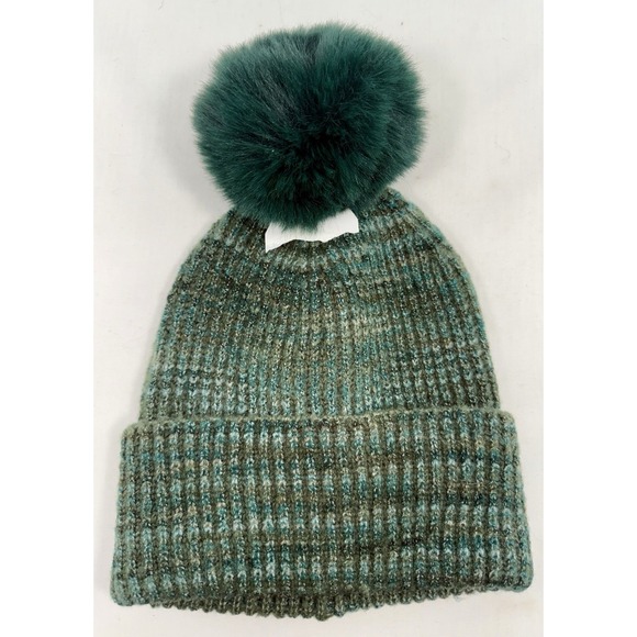 Time and Tru Cable Knit Beanie Winter Hat Faux Fur Pom Green One Size New - Picture 3 of 5